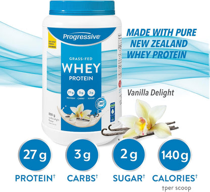 Progressive Grass-Fed 100% Whey Protein Powder Vanilla, 27g of New Zealand Whey Concentrate per Scoop for Muscle Gain, Pasture-Raised, Non-GMO, Canadian-Made Antibiotic-free, Hormone-free, 850 g