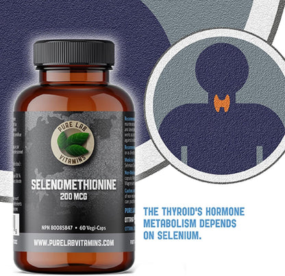 Pure Lab 維生素 | 硒 200 微克補充劑 | 60 粒膠囊 | 甲狀腺健康硒蛋氨酸 200 微克 | 成人免疫系統增強劑和男性和女性甲狀腺支持劑 | 抗氧化補充劑