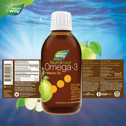 Nature's Way NutraSea+D，Omega 3 + 维生素 D 补充剂，苹果脆，200 毫升液体