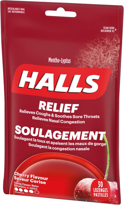 HALLS 樱桃味止咳糖，润喉糖，缓解咽喉痛，薄荷醇，30 粒润喉糖，加拿大制造