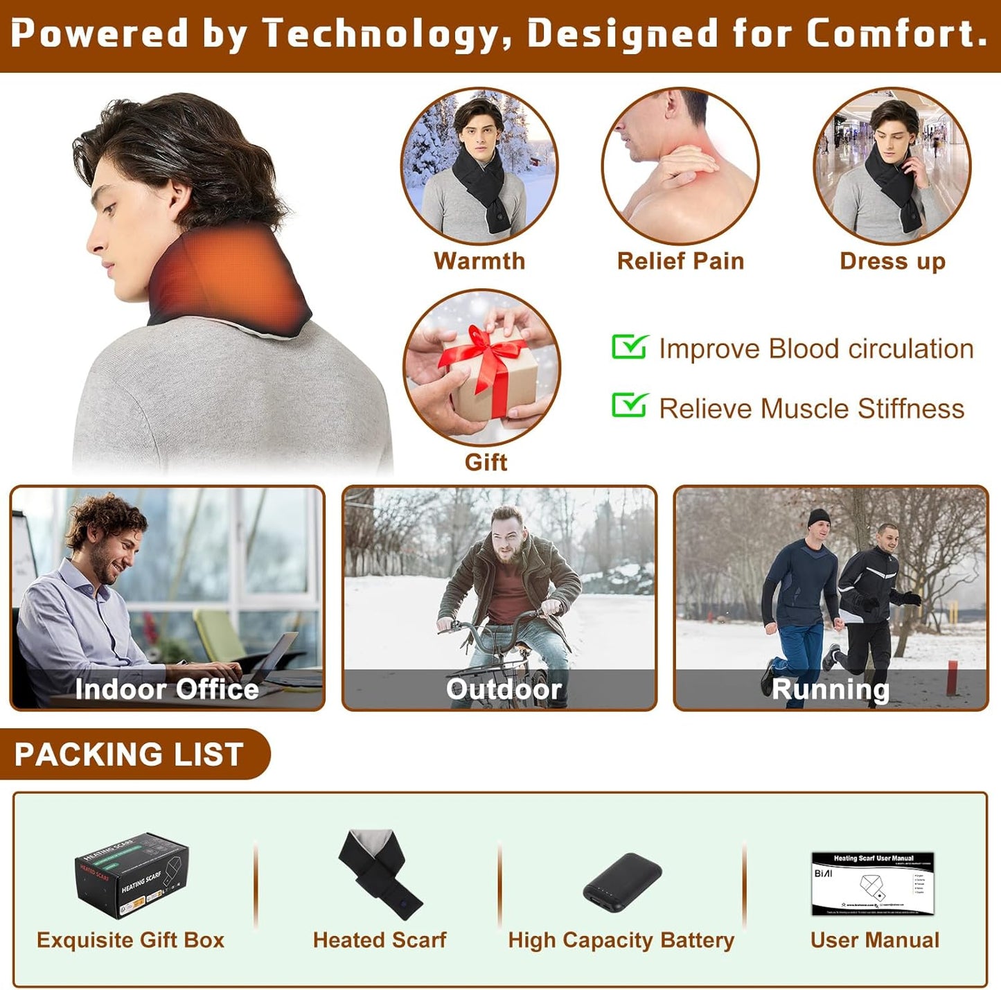 BIAL 加热围巾，男女适用，NTC 控制颈部加热垫，带可充电 5000mAh 电池颈部保暖器，圣诞礼物