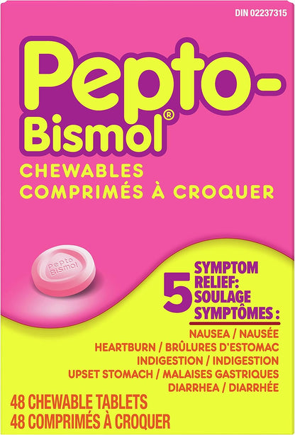 Pepto Bismol 咀嚼片，缓解胃部不适、腹泻、胃灼热、恶心、消化不良、胃部不适，原味，48 粒