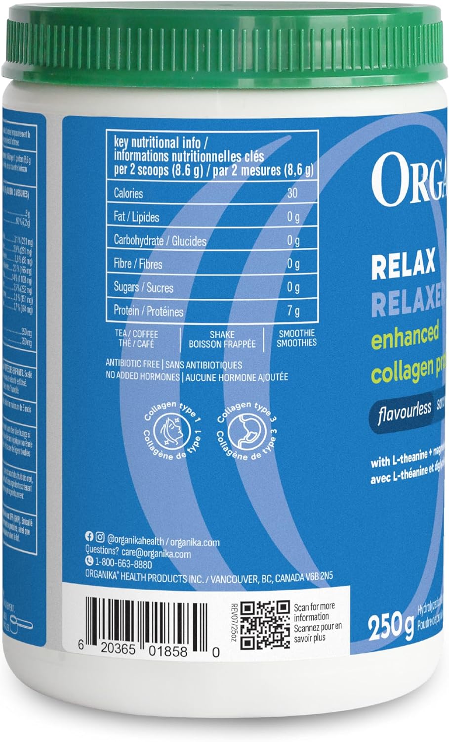 Organika 增強型膠原蛋白放鬆粉，含甘氨酸鎂和 L-茶氨酸 - 具有鎮靜作用，有助於睡眠，全天保持能量水平 - 250 克