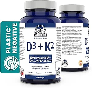 加拿大製造，無塑膠污染 - 維生素 D3 K2，180 粒軟膠囊，180 天用量 - D3（1000IU-25mcg）+K2（120mcg） - 免疫功能、骨骼和牙齒健康 - 經第三方測試 - 加拿大配製和製造