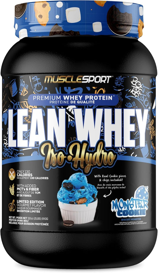 MuscleSport Lean Whey Protein Powder - Whey Protein Isolate - Low Calorie, Low Carb, Low Fat, Incredible Flavors - 25g Protein per Scoop - 2lb Monster Cookie