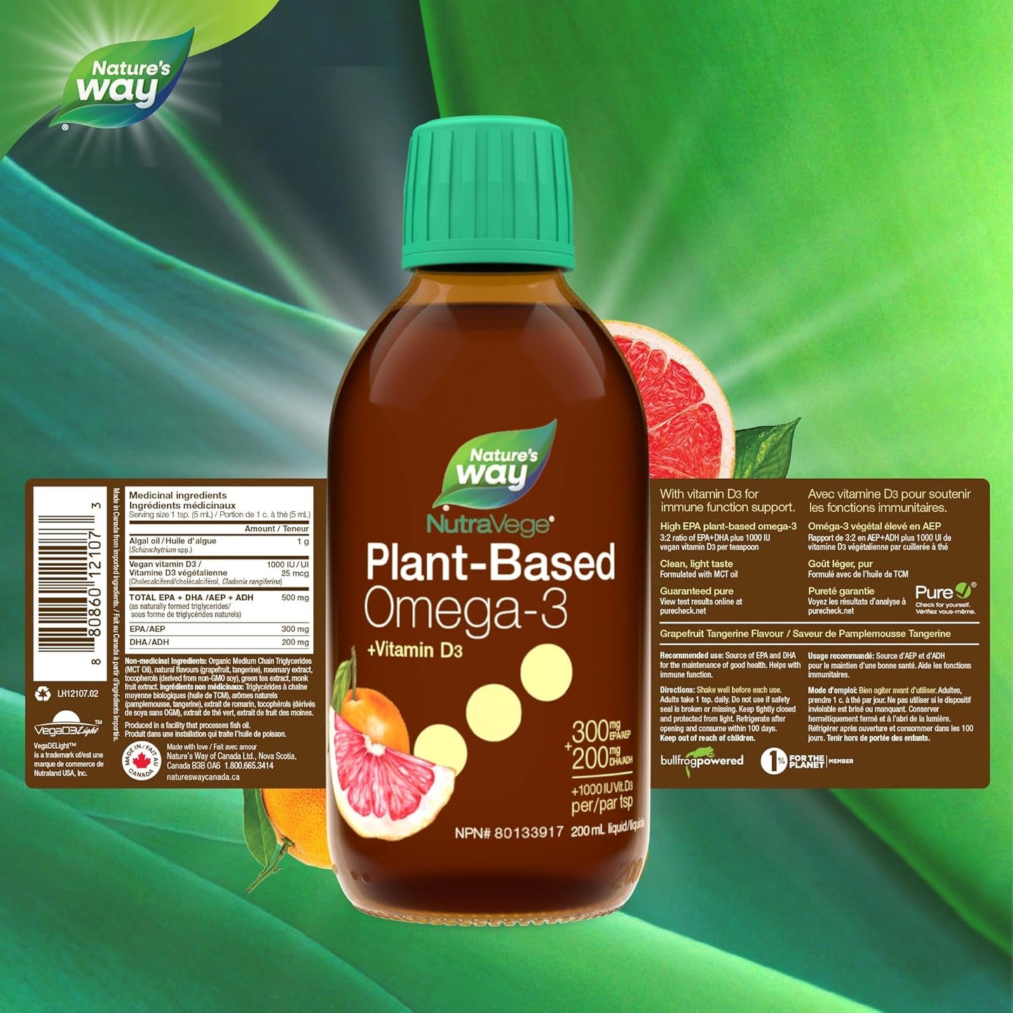 Nature's Way NutraVege+D 植物性 Omega-3，純素維生素 D 補充劑，素食，來自藻油的 EPA + DHA，葡萄柚橘子，200 毫升液體