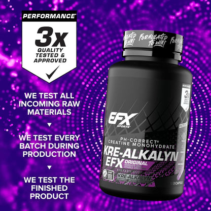 EFX Sports Kre-Alkalyn | PH 值校正肌酸一水合物 | 知情選擇，增強力量，鍛鍊肌肉，提升運動表現 I 不腹脹，不積水 - 120 粒膠囊/60 份