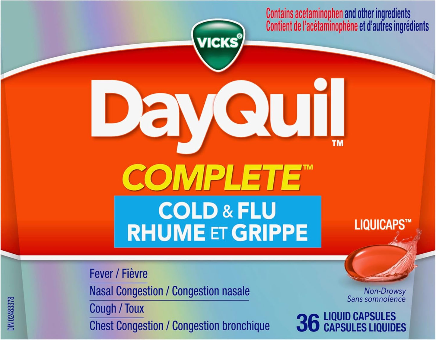 Vicks DayQuil 完全缓解感冒和流感症状及鼻塞液体胶囊，白天不瞌睡，缓解 9 种症状，36 粒