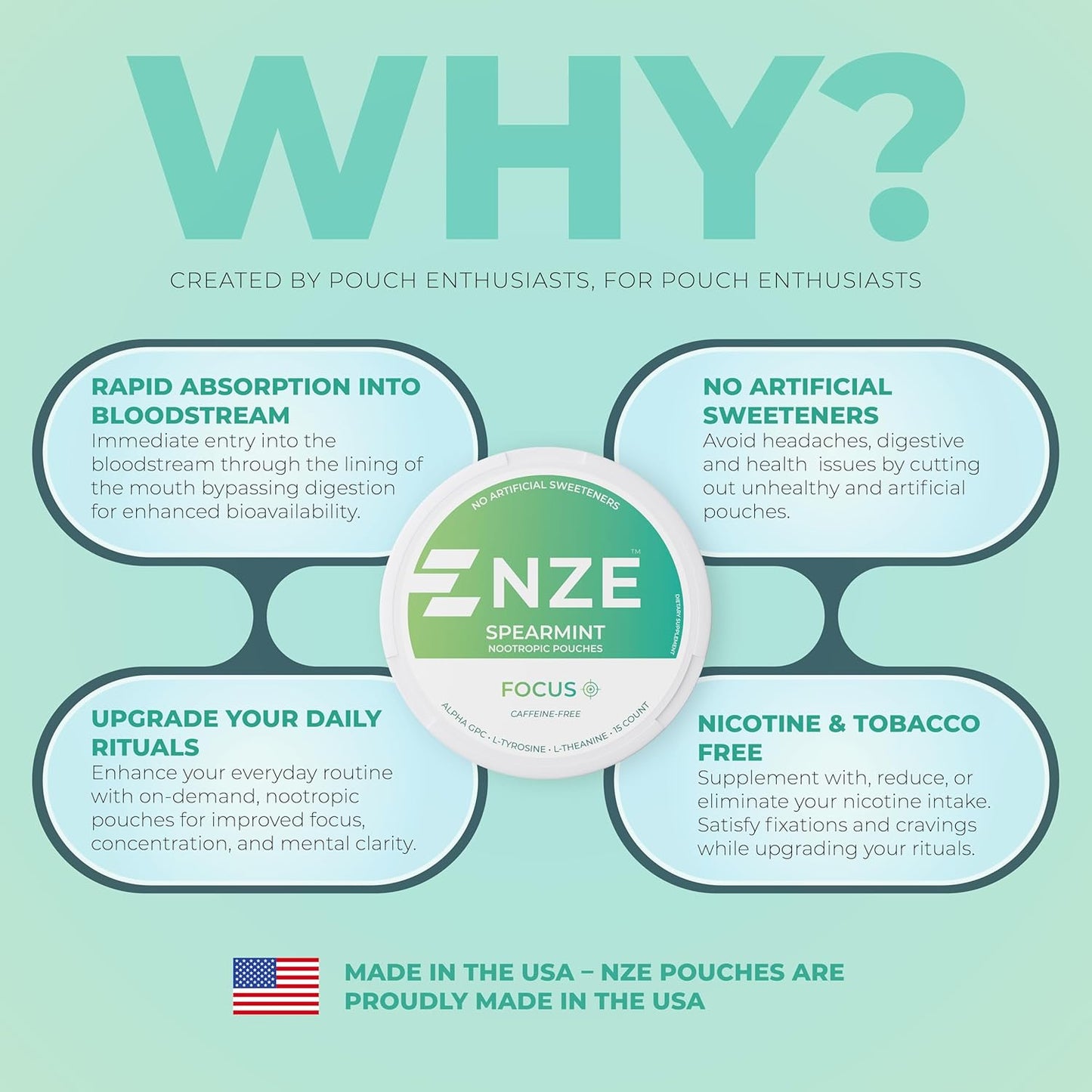 NZE 无咖啡因益智袋（留兰香型） - 益智袋含 Alpha GPC、L-酪氨酸和 L-茶氨酸 - 无糖无人工甜味剂 - 每罐 15 个无尼古丁袋 - 5 包