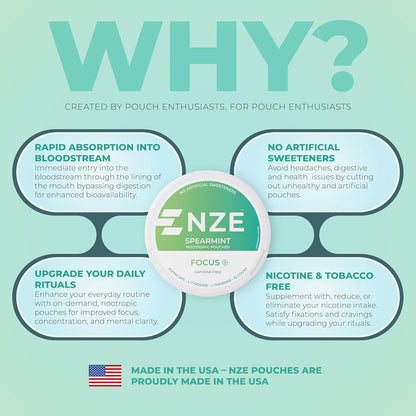 NZE 无咖啡因益智袋（留兰香型） - 益智袋含 Alpha GPC、L-酪氨酸和 L-茶氨酸 - 无糖无人工甜味剂 - 每罐 15 个无尼古丁袋 - 5 包