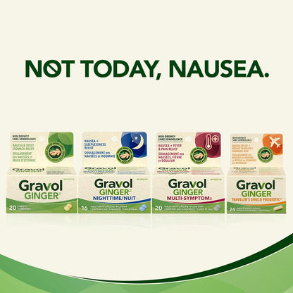 Gravol 生薑 - 抗噁心和緩解胃部不適，含有機生薑提取物 - 加拿大製造 - 不引起困倦、無味且易於吞嚥 - 20 片（1 包）