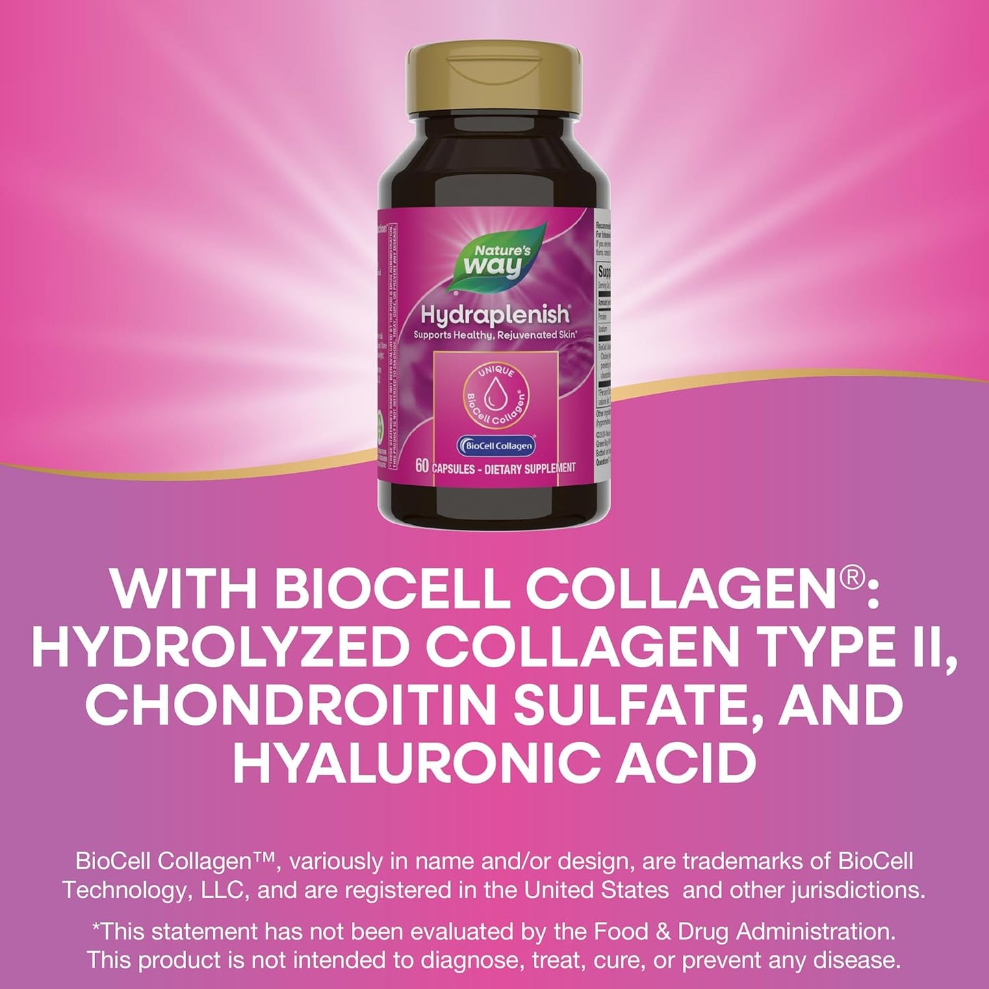 Nature's Way Hydraplenish - BioCell Collagen & Hyaluronic Acid Supplement – Reduce Wrinkles & Fine Lines – Healthy Skin – Osteoarthritis Joint Pain Relief - 60 Capsules