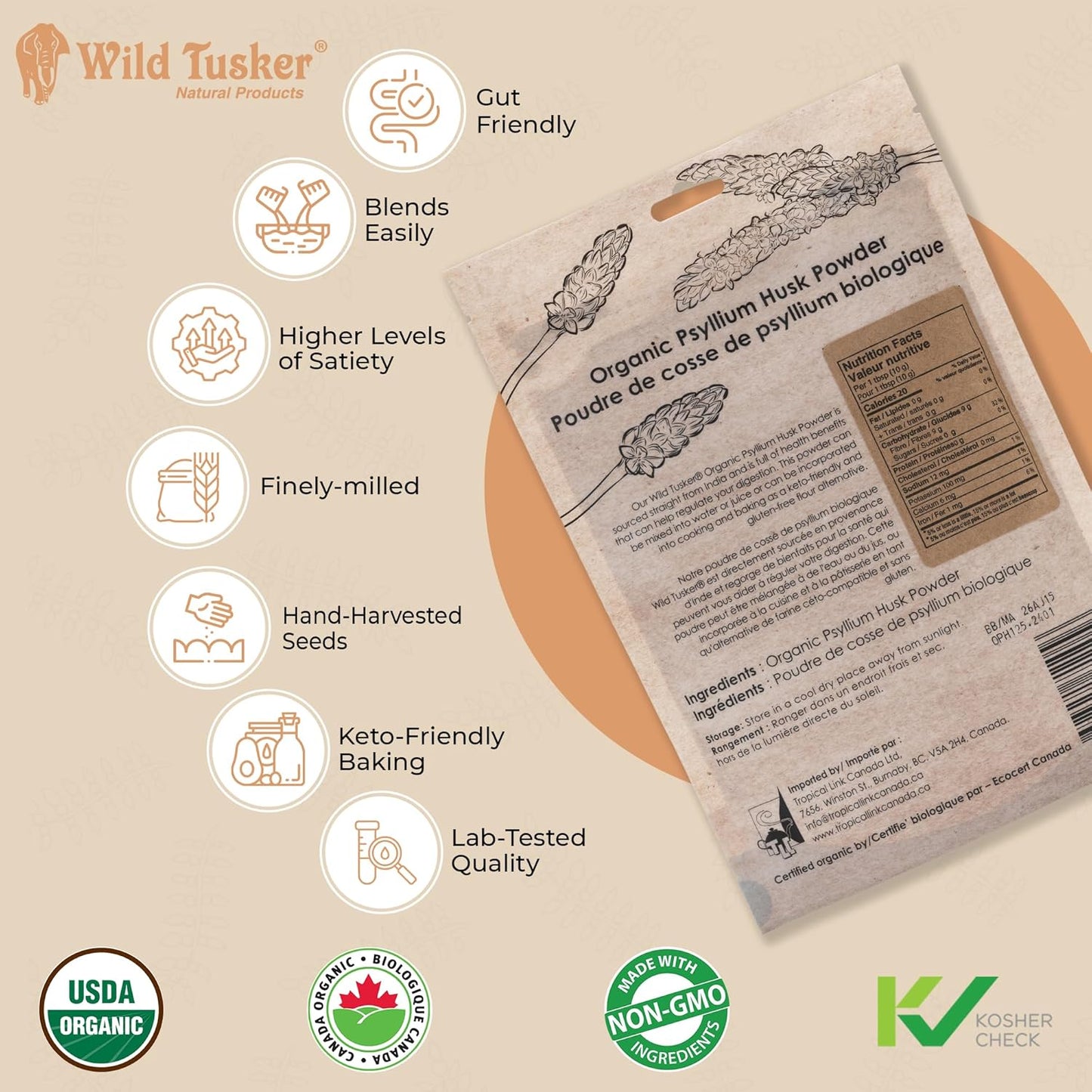 Wild Tusker 有機洋車前子殼粉 - 100% 有機，酮類友好，無麩質，300 克
