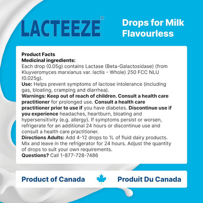 Lacteeze 牛奶滴剂，减少乳糖摄入，缓解胀气、腹胀、痉挛和腹泻，乳糖酶滴剂，缓解乳糖不耐症