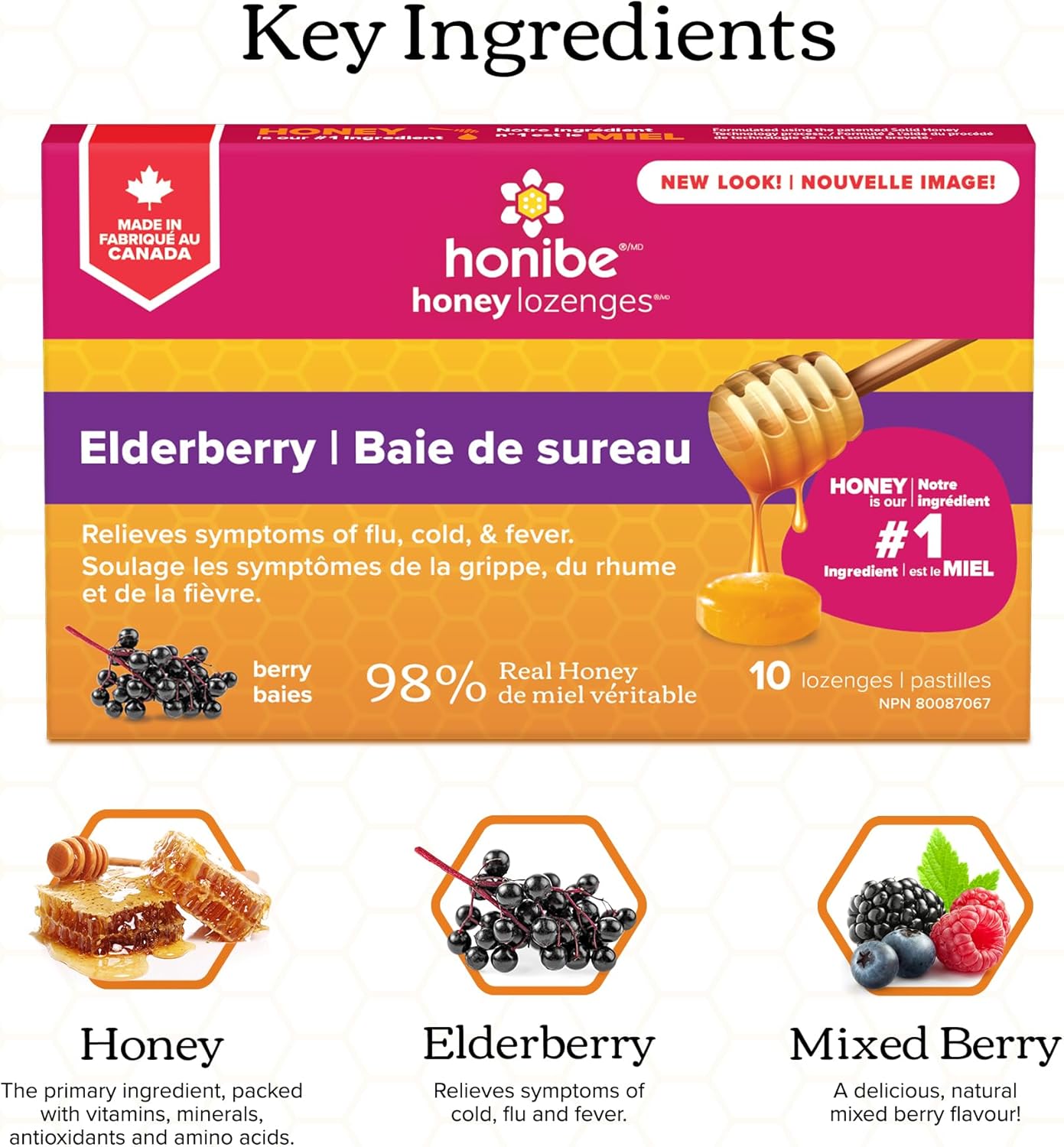 Honibe 100% 纯蜂蜜润喉糖，加拿大制造，缓解痰液和咳嗽，含接骨木果，1 包（10 粒润喉糖），天然浆果