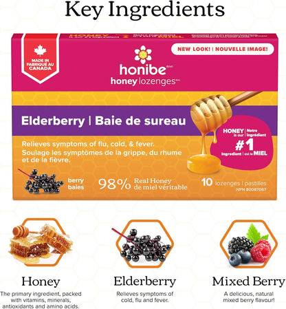 Honibe 100% 纯蜂蜜润喉糖，加拿大制造，缓解痰液和咳嗽，含接骨木果，1 包（10 粒润喉糖），天然浆果