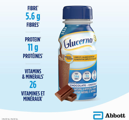 Glucerna Nutritional Drink, Meal Replacement Shakes, Complete, Balanced Nutrition For People With Diabetes, Chocolate, 6 x 237-mL Bottles