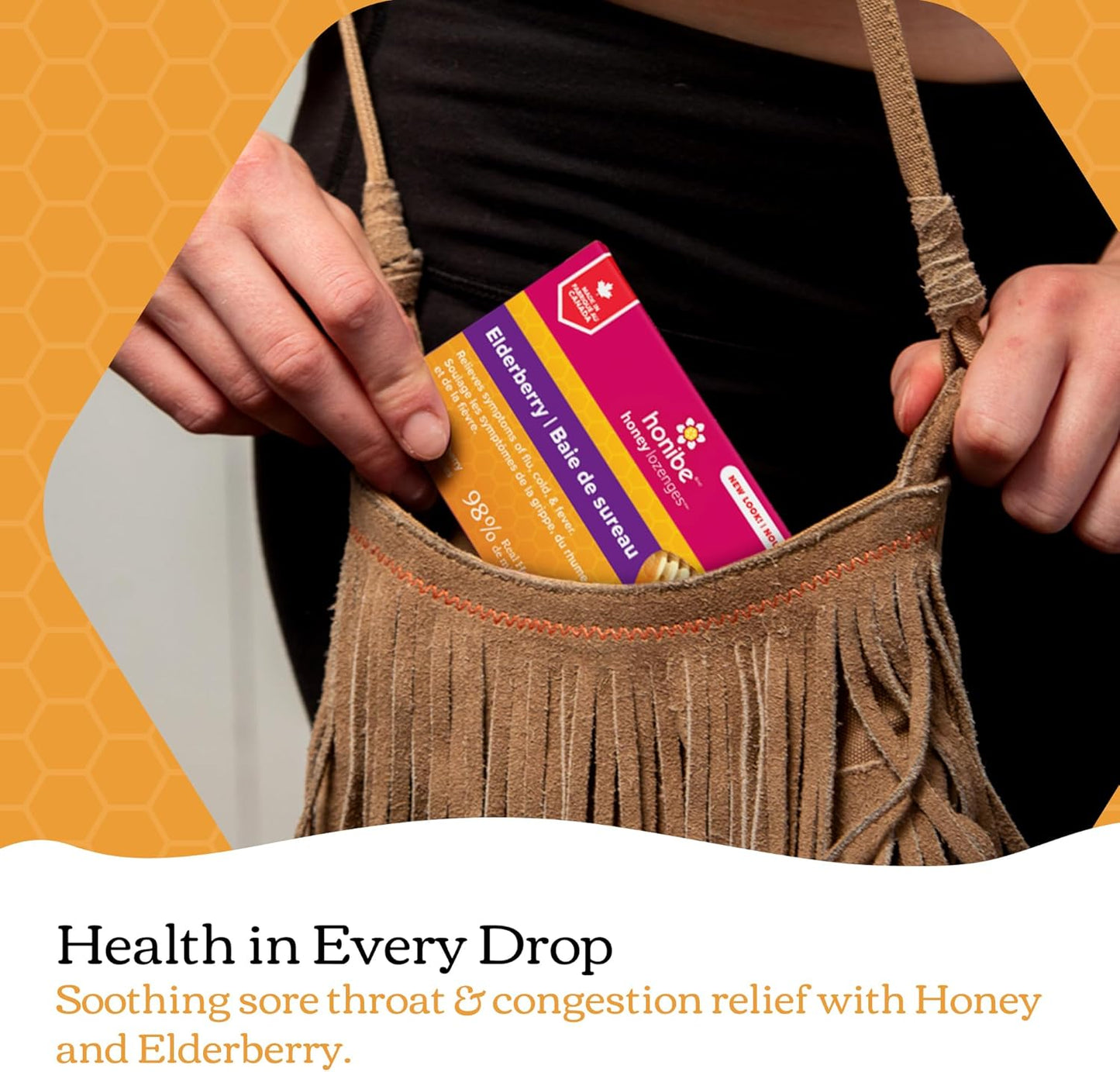 Honibe 100% 纯蜂蜜润喉糖，加拿大制造，缓解痰液和咳嗽，含接骨木果，1 包（10 粒润喉糖），天然浆果