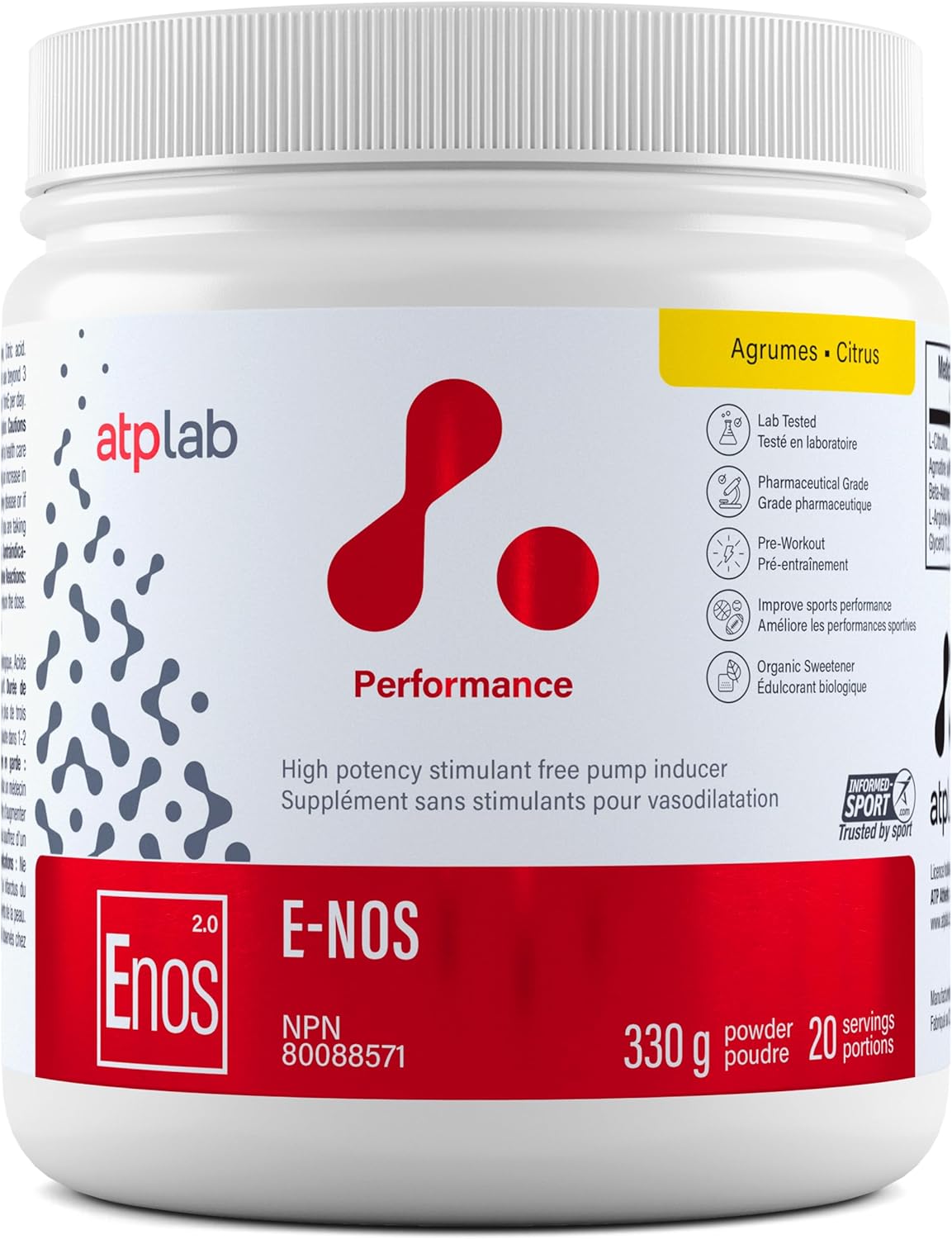 ATP LAB - E-Nos 330g Powder 20-Servings Citrus Flavour - Improve Sports Performance, Helps to Maintain and Support Cardiovascular Health - Pump Inducer and Pre Workout Powder