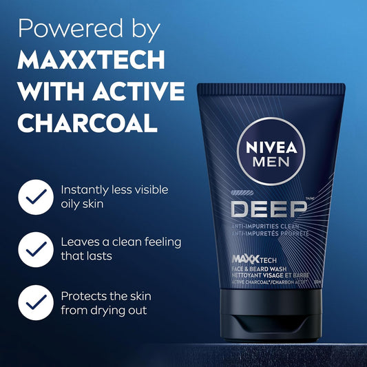 NIVEA MEN Deep Face & Beard Wash, Anti-Impurities Clean Charcoal Face Wash Powered by MAXXTECH with Black Carbon, Deeply Cleanses, Instantly Less Visible Oily Skin, Dark Wood Scent, 100mL