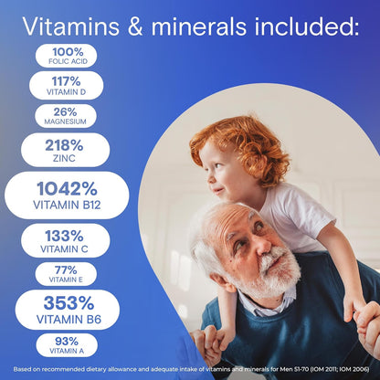 每日一片男士复合维生素，适合 50 岁以上男性 - 含维生素 A、B、C、D、E、钙、硒、镁和锌，支持免疫、骨骼、心脏和眼睛健康，以及能量，250 片