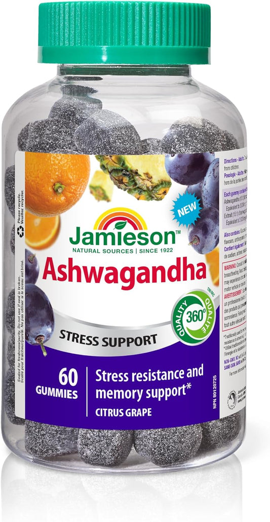 Jamieson Ashwagandha Gummies Citrus Grape Flavour, Increases Resistance to Stress, Adaptogen, and Improves Memory. Non-GMO, Gluten-Free, No Artificial Colours, Flavours, or Preservatives, 60 Count