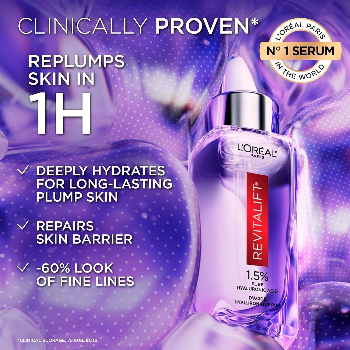 L'Oreal Paris 1.5% Pure Hyaluronic Acid Serum, Face Serum to Hydrate and Plump Skin, Reduces the Look of Wrinkles, Revitalift, For All Skin Tones & Types, Non Comedogenic, 30ml