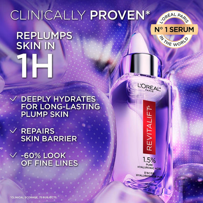 L'Oreal Paris 1.5% Pure Hyaluronic Acid Serum, Face Serum to Hydrate and Plump Skin, Reduces the Look of Wrinkles, Revitalift, For All Skin Tones & Types, Non Comedogenic, 30ml
