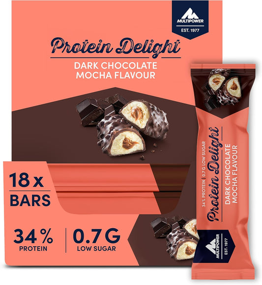 Multipower Protein Delight Bar - Dark Chocolate Mocha Flavor - High-Protein Snack Bar - 35g Bars (18 Pack)
