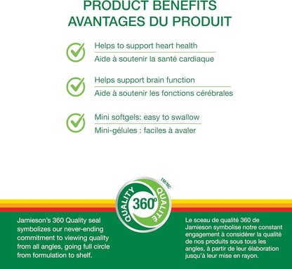 Jamieson Omega-3 Select Mini Softgels, Easy to Swallow, Supports Brain and Heart Health, and Helps Reduce Cholesterol. With EPA and DHA, Non-GMO, Gluten-Free, 200 Count, Proudly Canadian