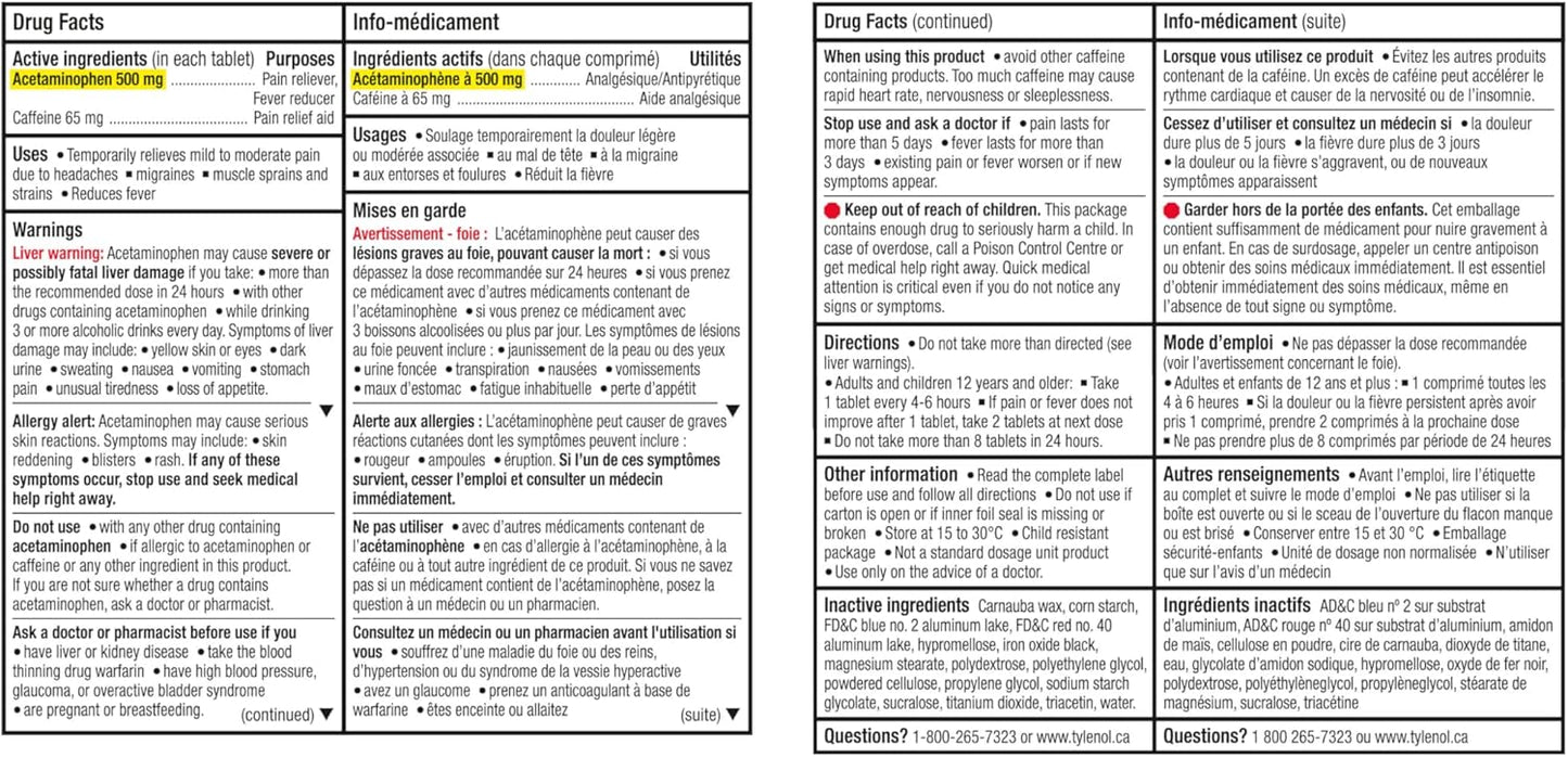 特强泰诺日间缓解片，500 毫克对乙酰氨基酚 + 65 毫克咖啡因，缓解早晨头痛和疼痛，80 片