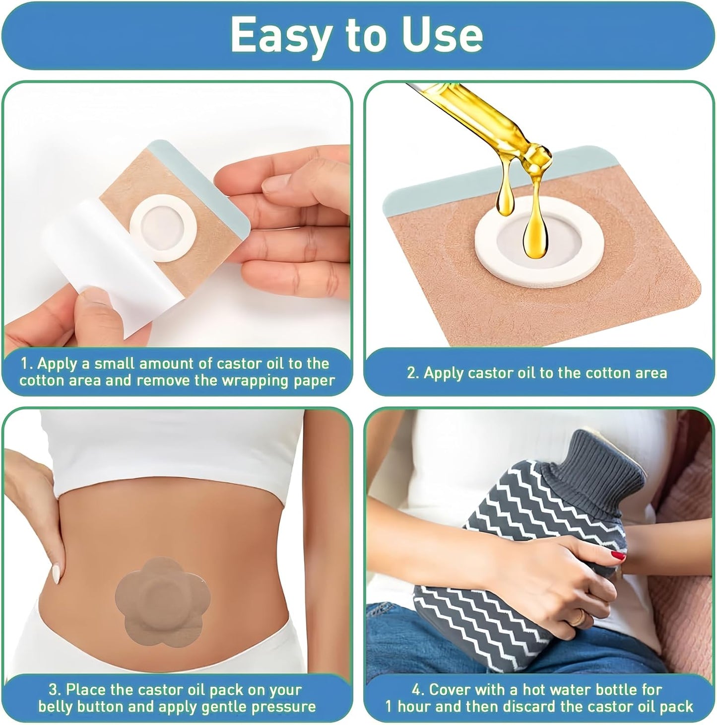 Castor Oil Pack Wrap, 50 Pcs Self-Adhesive Castor Patches for Belly Button (Oil Not Included, Skin Color)