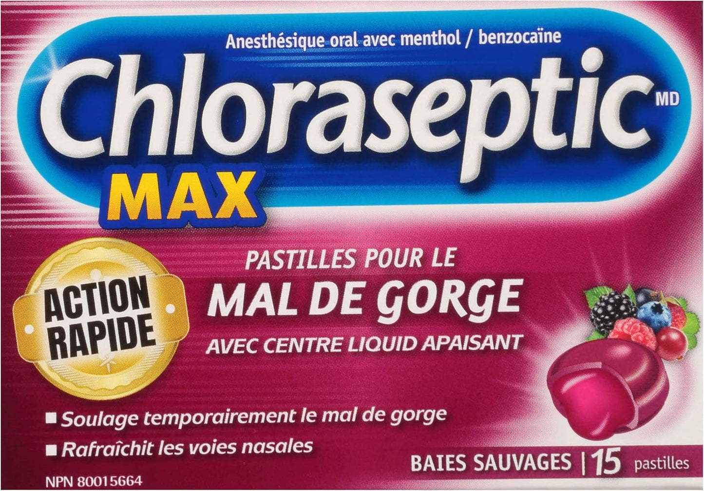 Chloraseptic 强效咽喉痛润喉糖，含舒缓液体中心 - 野生浆果，15 粒润喉糖