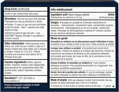 Reactine Extra Strength Antihistamine Liquid Gel Pills - 10mg Cetirizine Hydrochloride - Allergy Relief Medicine - 25 count