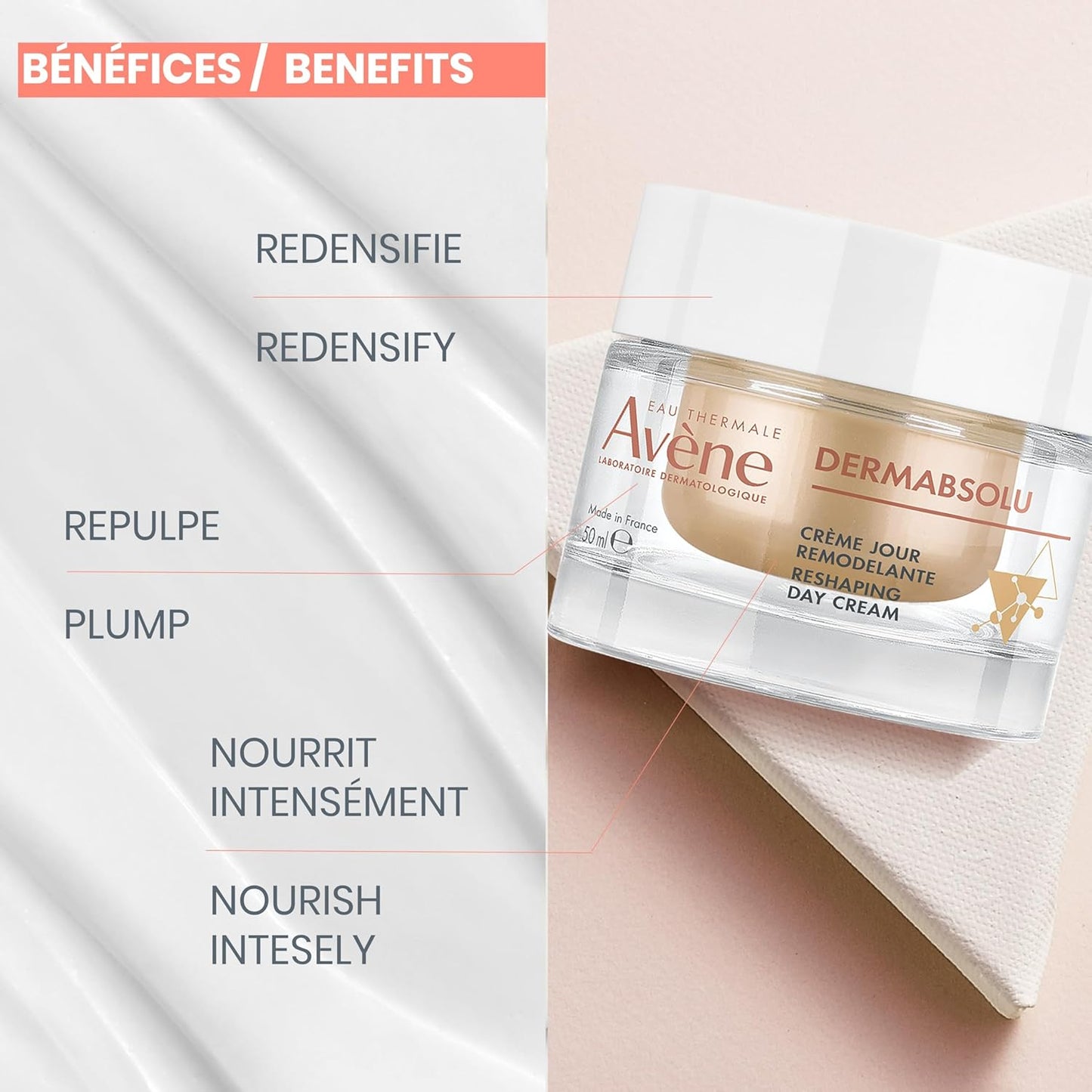 Eau Thermale Avène Dermabsolu DAY Face Cream. Plumping & Redensifying Moisturizer with Pro-Ceramides and Vanilla Polyphenols, 50mL