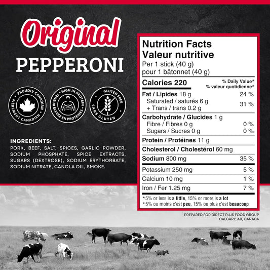 McSweeney's Original Dry Cured Pepperoni Sticks, 100% Made in Canada, Dry Cured Pepperoni, Naturally Smoked, High Protein Snacks, Gluten Free Meat Snacks, No Refrigeration Required, Bulk Case. 40g (Pack of 20)