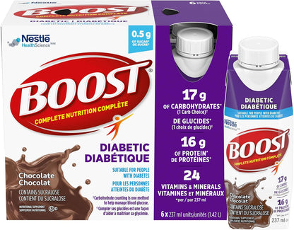 BOOST 糖尿病营养补充剂，巧克力味，24 x 237 毫升 & 高蛋白代餐饮料，香草味，237 毫升，6 包（4 包）
