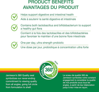 Jamieson 益生菌 600 億活性細胞，超強效，支持消化系統健康和腸道健康。 9 種獨特菌株，包括乳酸桿菌和雙歧桿菌，非基因改造，無麩質，24 粒素食膠囊