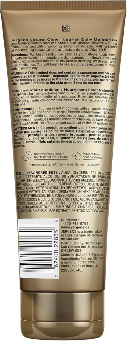 Jergens Natural Glow +Nourish Daily Moisturizer & Gradual Sunless Self Tanning Body Lotion for Dry Skin, Medium to Deep Shade (220 mL)