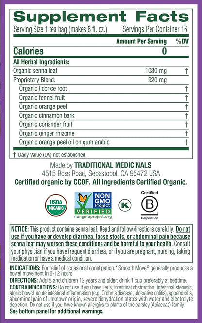 Traditional Medicinals Organic Smooth Move Herbal Stimulant Laxative Wrapped Tea Bags,16 ct
