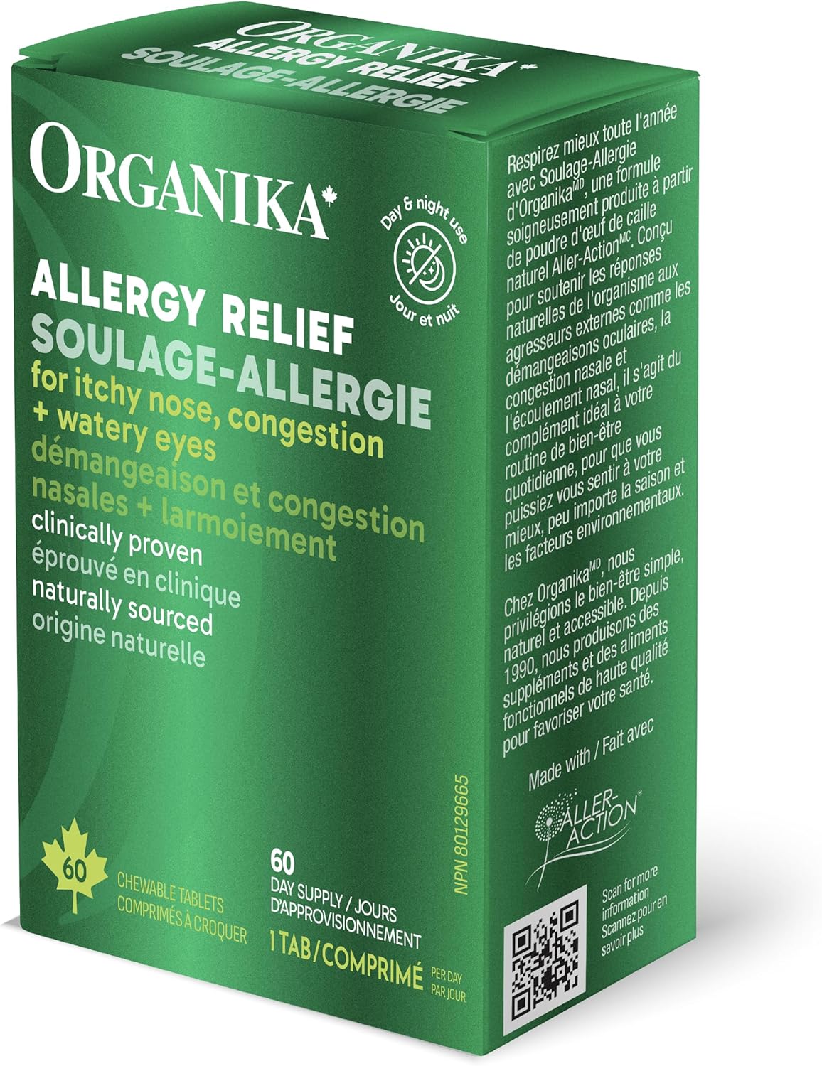 Organika 加拿大制造过敏缓解片 - 26 毫克鹌鹑蛋，经临床研究，天然来源，日夜使用，缓解眼痒、鼻塞、流鼻涕 - 每日仅需 1 片 - 60 片