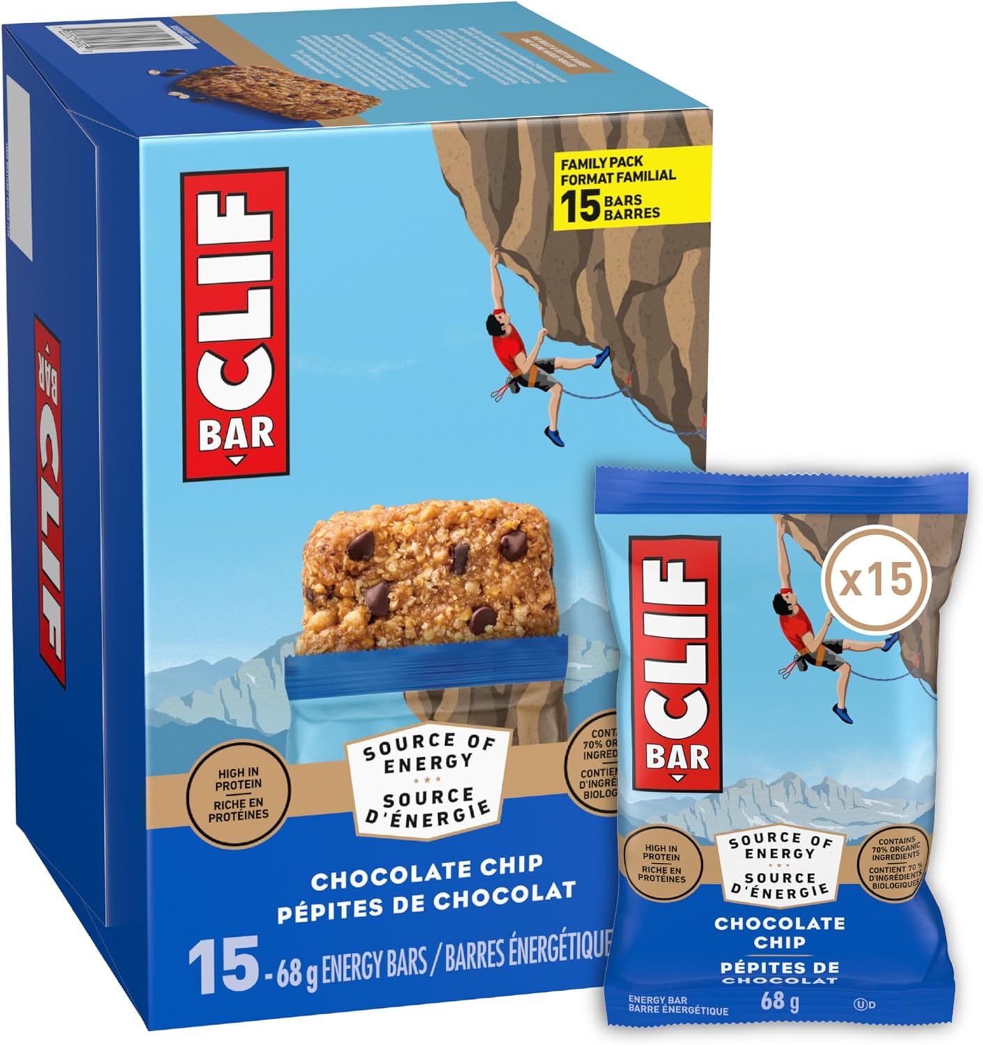 CLIF BAR 能量棒，巧克力碎，燕麦棒，高蛋白，含 70% 有机成分，1.02 千克（15 包）