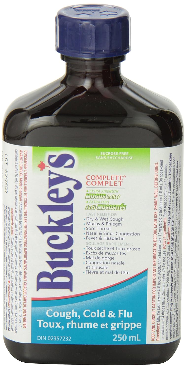 Buckley's 止咳糖浆，完全超强粘液缓解、咳嗽、感冒和流感药物、头痛和鼻窦缓解，250 毫升（包装可能有所不同）