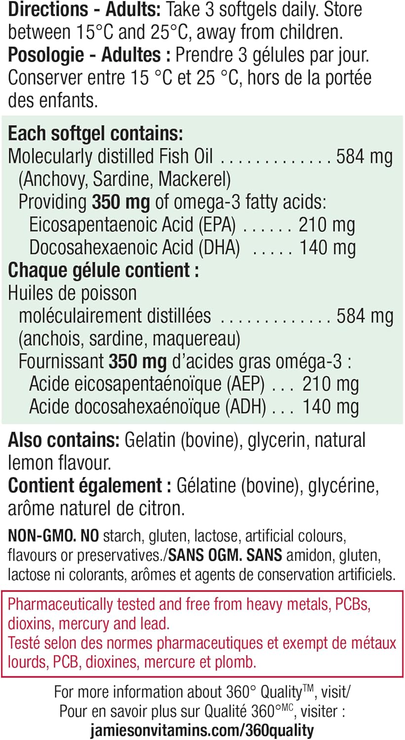 Jamieson Omega-3 迷你軟膠囊，無魚腥味，有益心臟健康，支持大腦健康。含 210 毫克 EPA 和 140 毫克 DHA，不打嗝，易吞嚥，無麩質，非基因改造，200 粒裝