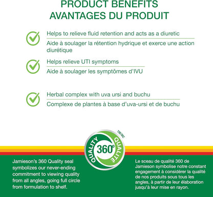 Jamieson 利尿草本複合物，蘊含熊果，有助於緩解體液滯留和輕微尿路感染相關症狀。非基因改造，無麩質，60 粒素食膠囊，加拿大製造