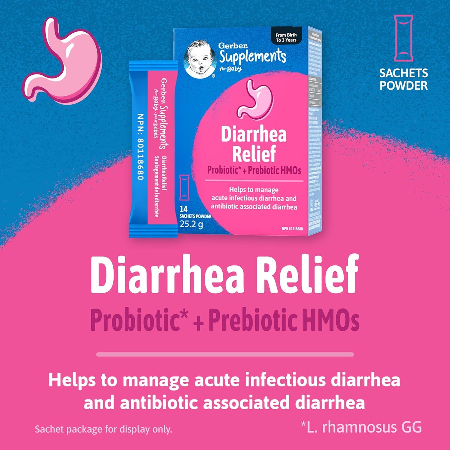 嘉寶嬰兒腹瀉緩解補充劑，0-3 歲，緩解嬰兒腹瀉，急性感染性腹瀉和抗生素相關腹瀉，益生菌和益生元 HMO，無麩質，小袋裝