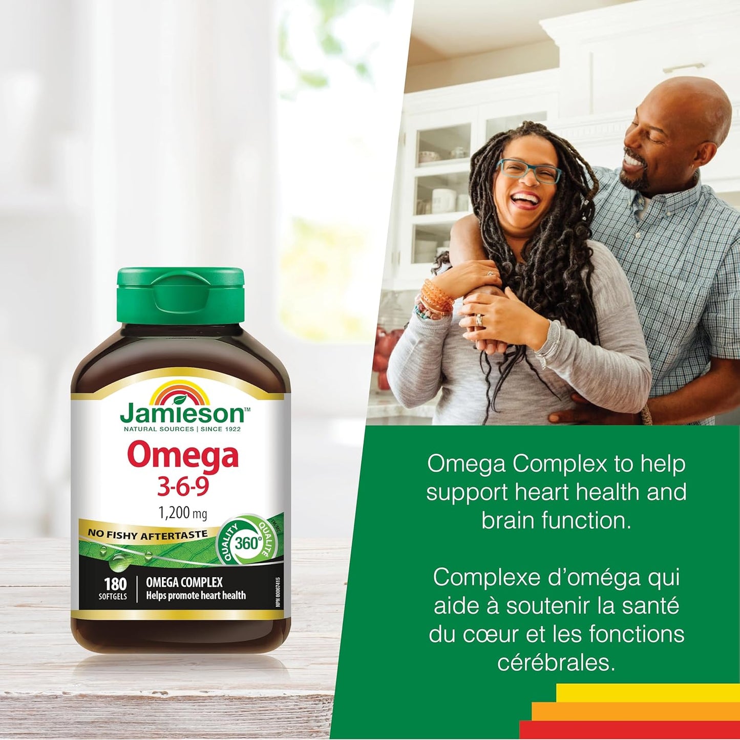 Jamieson Omega-3-6-9 1200 毫克，無魚腥味，魚油、琉璃苣油和亞麻籽油。支持心臟和大腦健康，富含 EPA、DHA 和 ALA，非基因改造，無麩質，180 粒軟膠囊，加拿大製造