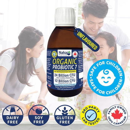 Naka Platinum 有机益生菌 7 液，保质期长，支持消化健康，支持健康的肠道菌群，缓解肠易激综合征 (IBS)、腹胀和便秘症状，无味，加拿大制造，适用于成人和儿童（125 毫升）