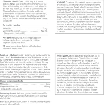 Jamieson 褪黑素 5 毫克 + 鎂 150 毫克，改善睡眠質量，延長睡眠時間，並支持健康的肌肉功能。素食，無麩質，60 片裝，加拿大製造
