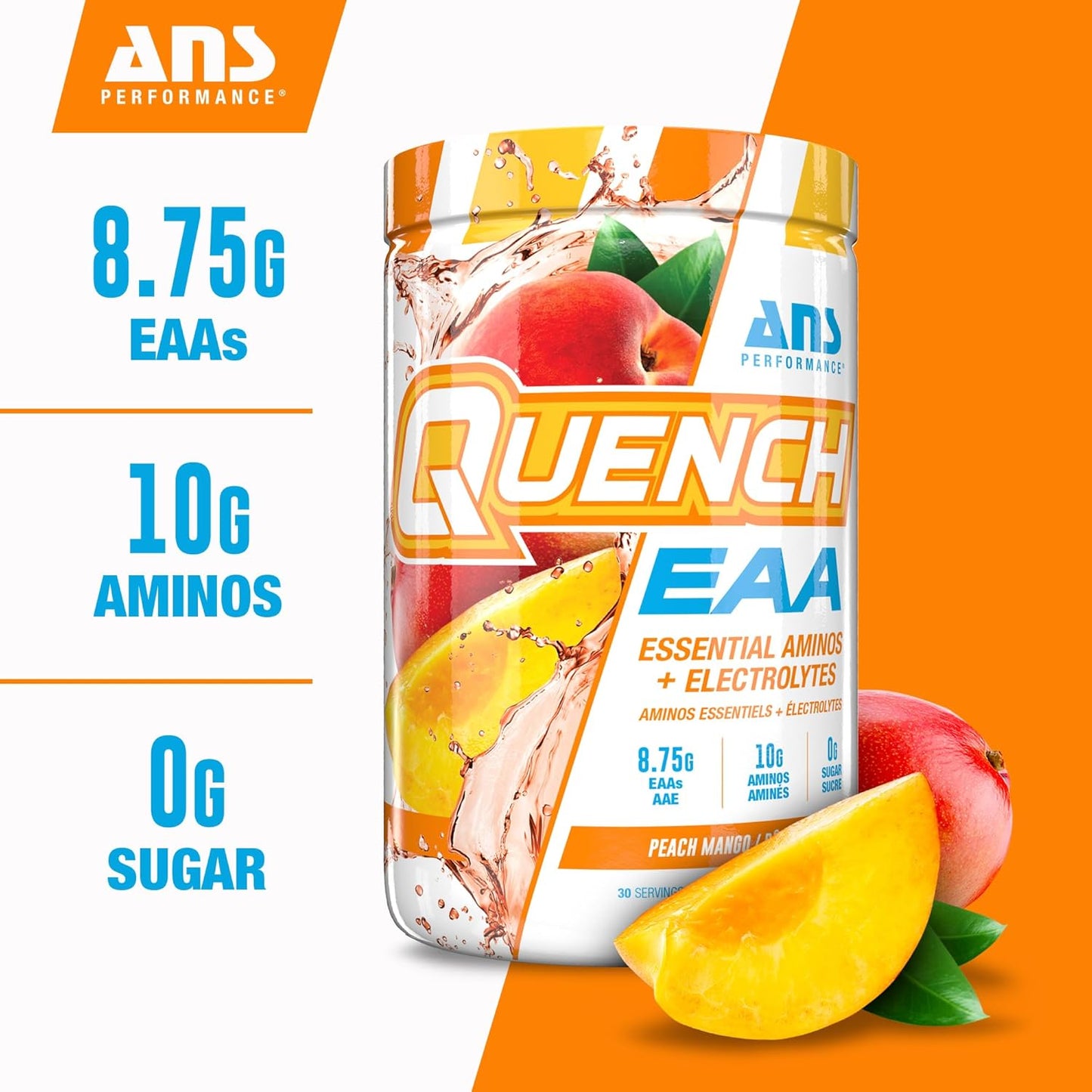 QUENCH EAA 氨基酸 + 電解質 - 9 種 EAA 的完整混合物 - 10 克總氨基酸 - 維生素、抗氧化劑、電解質 - 零糖、零碳水化合物、零卡路里（桃芒果）